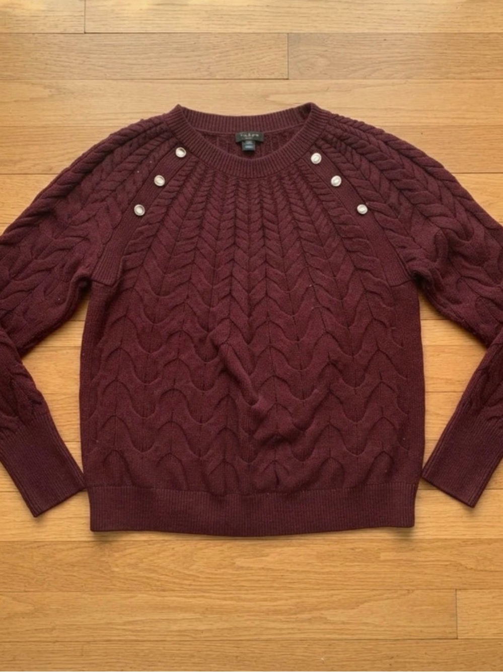 Talbots Cable-Knit Crewneck Sweater with Shoulder Buttons - Burgundy